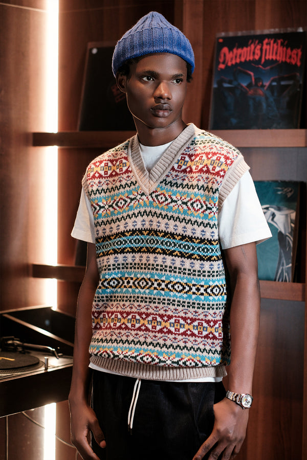 GILET MAGLIA FANTASIA JACQUARD CAMMELLO MULTICOLOR