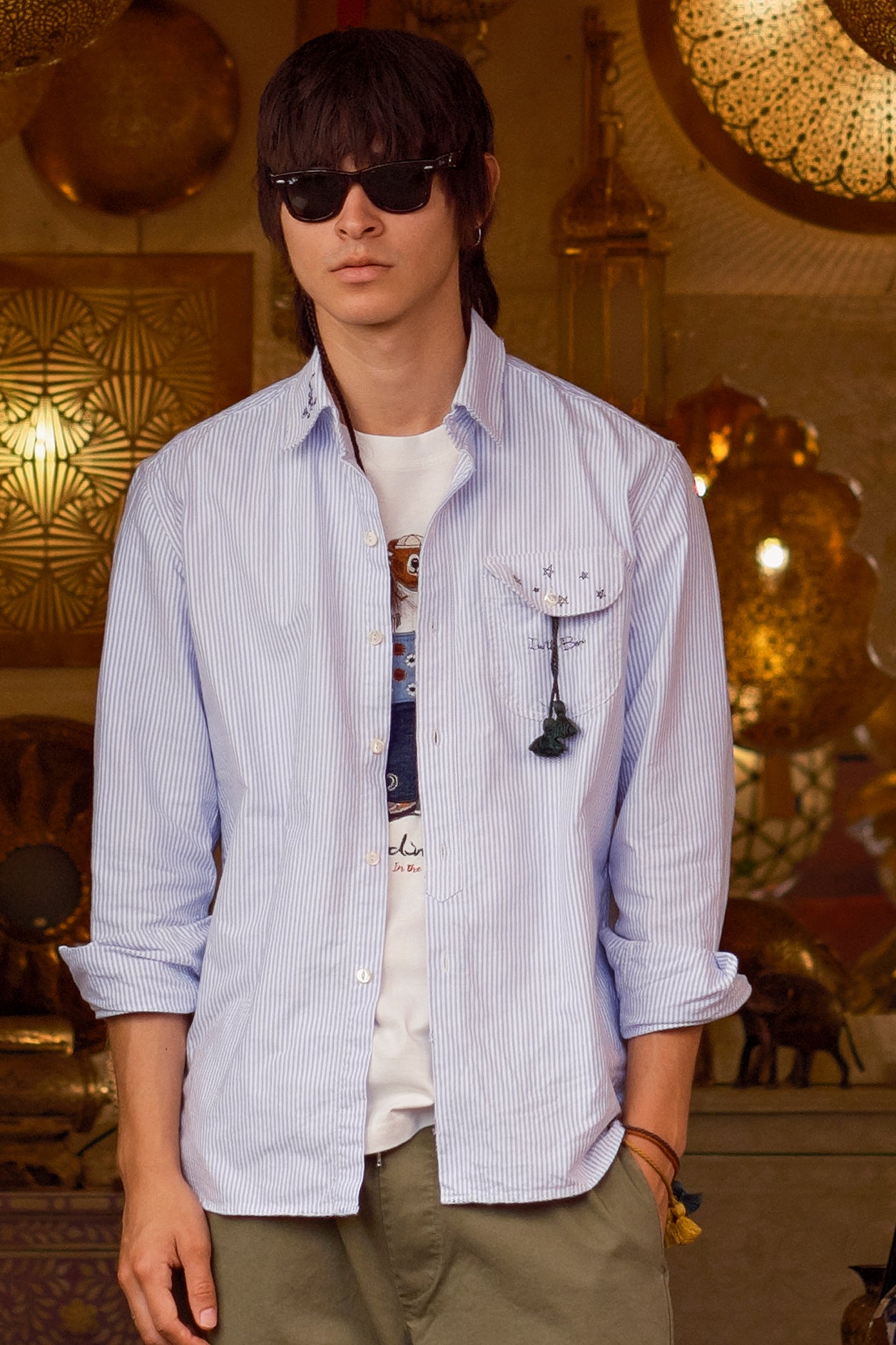 CAMICIA OXFORD RIGHE EMBROIDERY AZZURRO